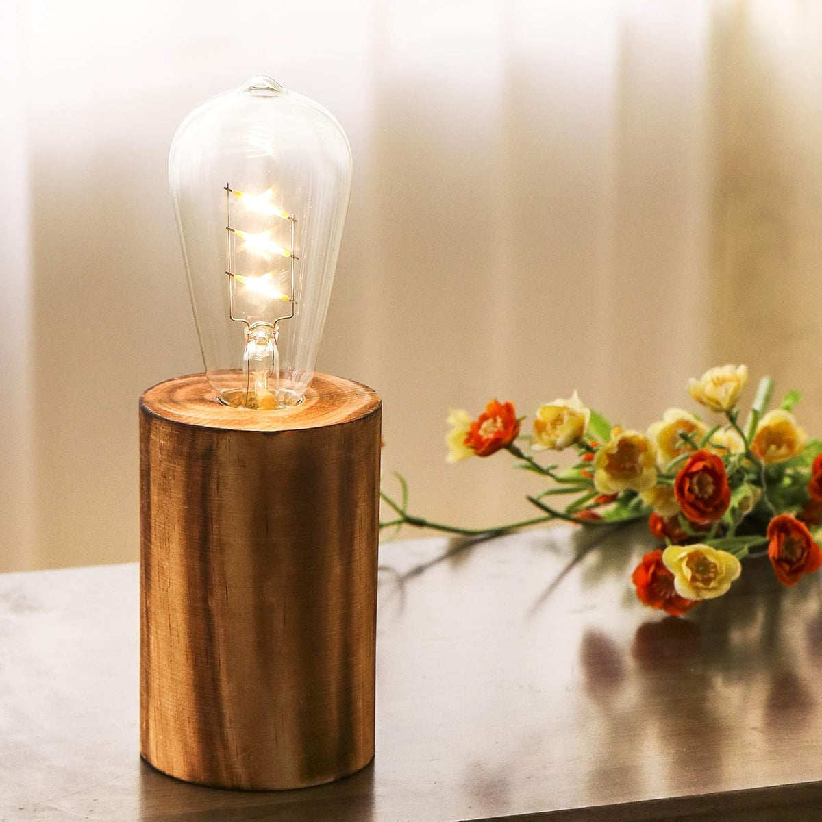 YiShine Battery Operated Table Lamp Wood Night Light Decorative Table Light for Bedroom Living Room