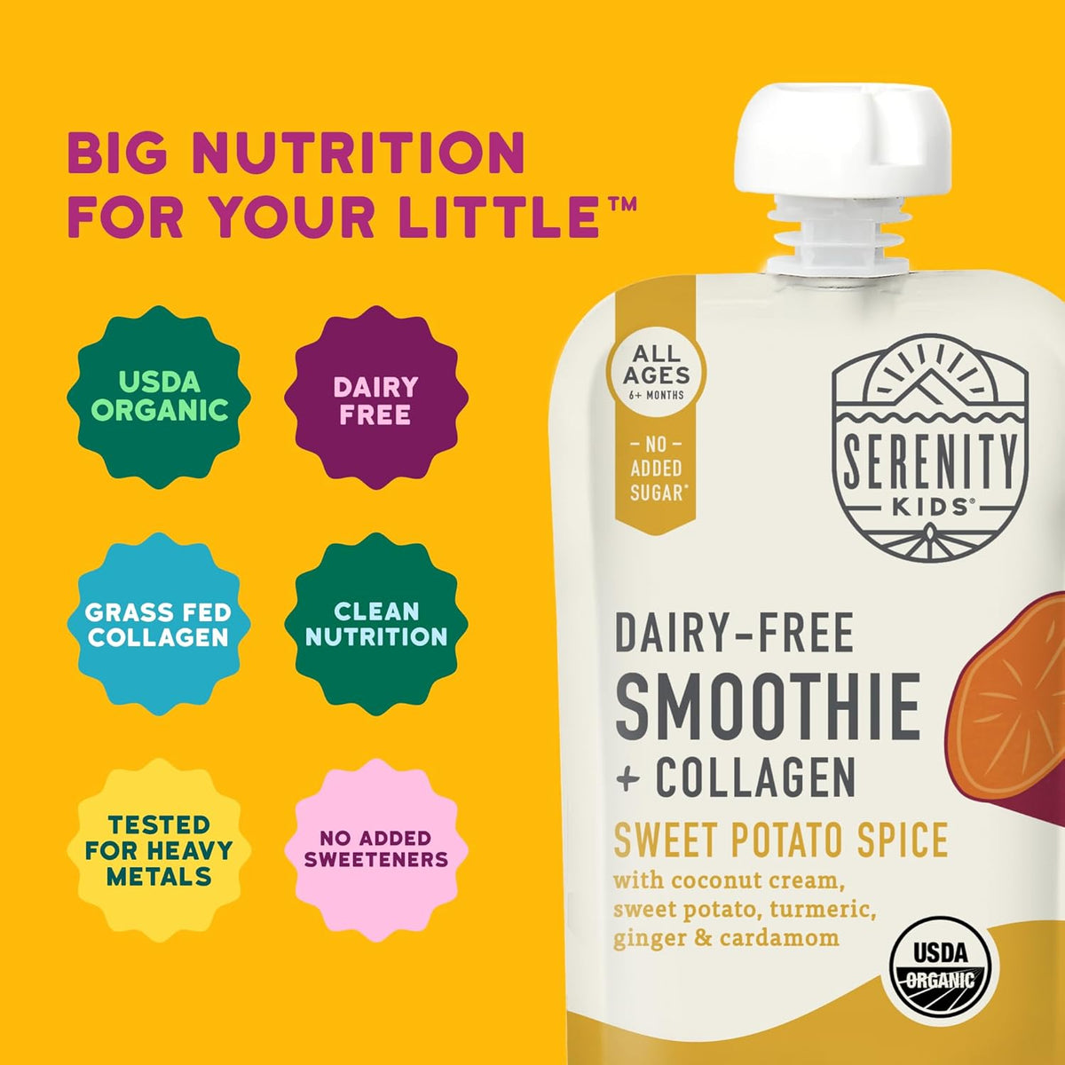 Serenity Kids 6+ Months Dairy-Free Smoothie Baby Food Pouches - USDA Organic, Grass Fed Collagen