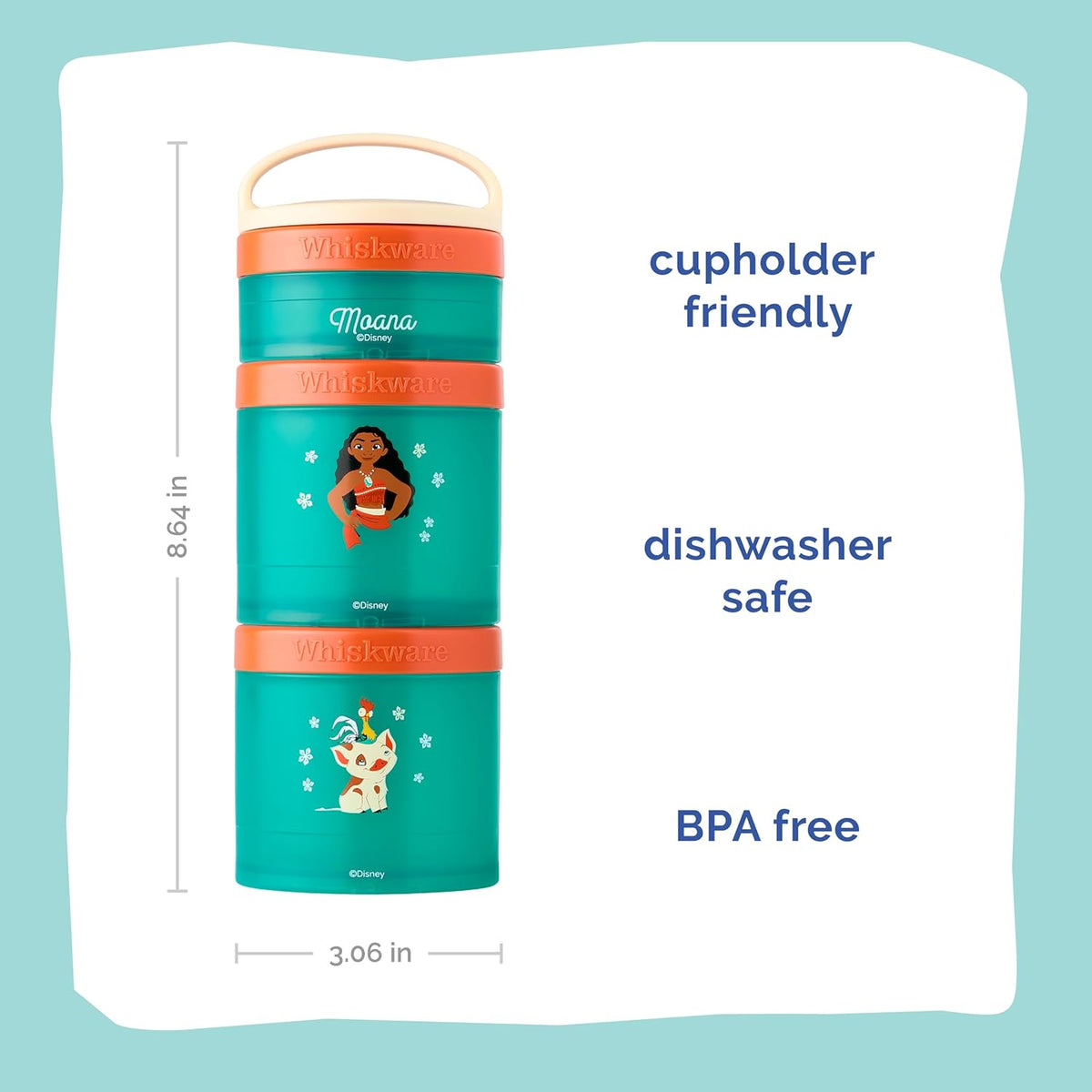 Whiskware Disney Princess Moana, Stackable Snack Containers for Kids, 3 Stackable Snack Cups for