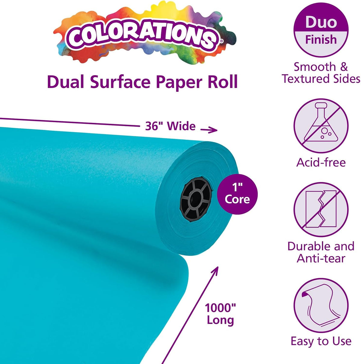 Colorations Arts and Crafts Paper Roll - 36" x 1000', Aqua, Dual Surface, Markers, Finger Paints
