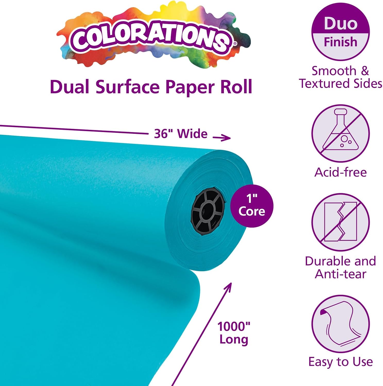 Colorations Arts and Crafts Paper Roll - 36" x 1000', Aqua, Dual Surface, Markers, Finger Paints