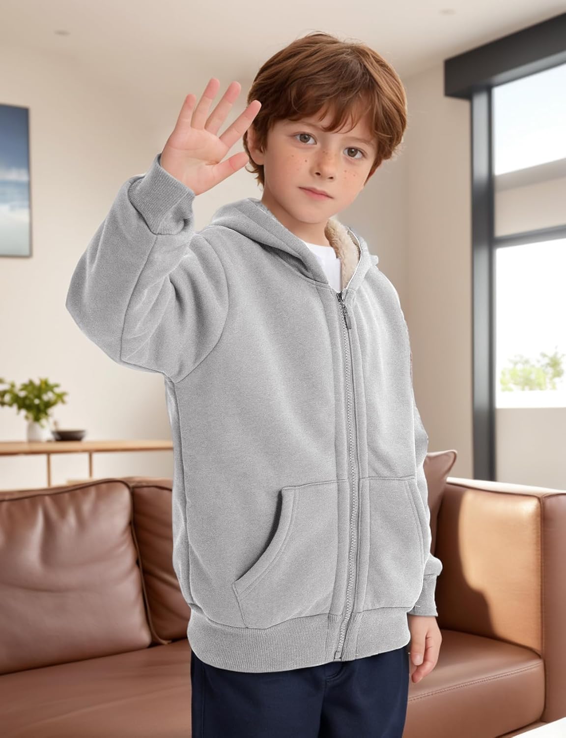 Gihuo Unisex Boy's Girls Winter Warm Sherpa Lined Zip Up Sweatshirt Fleece Jacket Kid's Hoodie