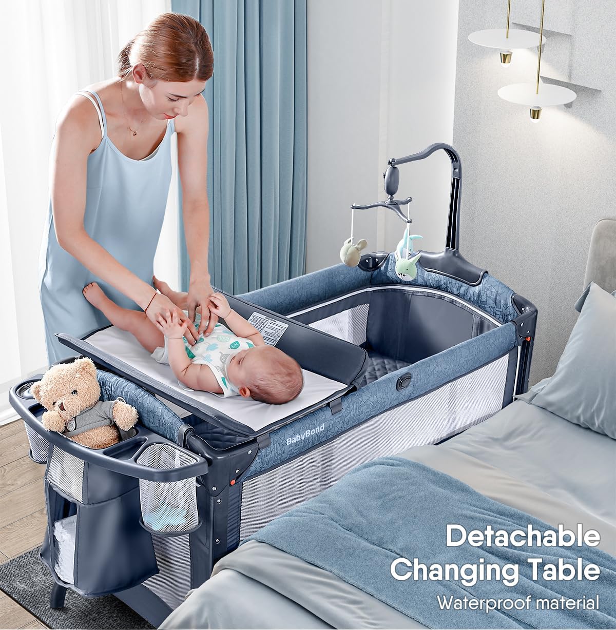 BabyBond Baby Bassinet Bedside Crib, Pack and Play with Sheet, Diaper Changing Table and Music