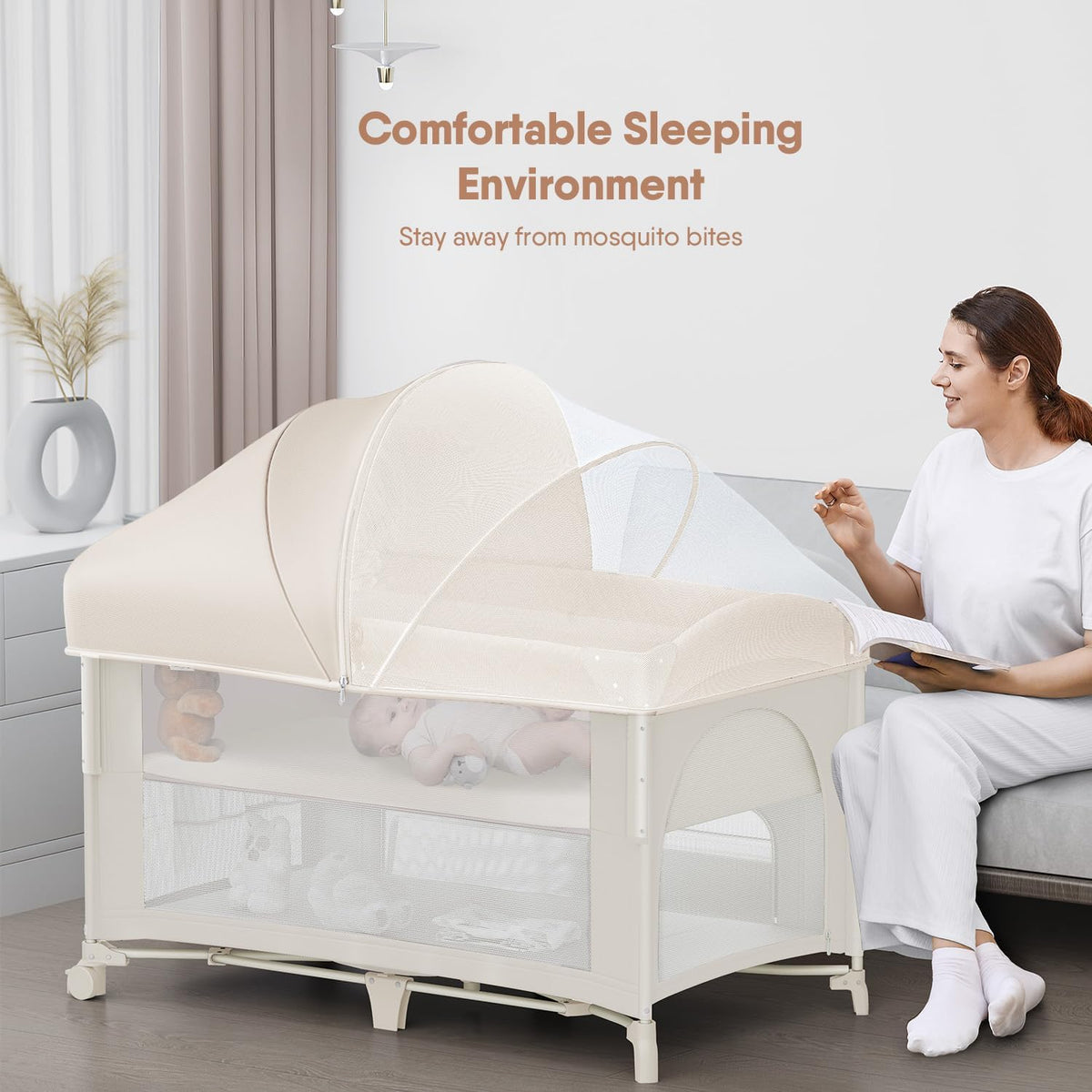 4 in 1 Baby Bassinet, Pack and Play, Bedside Crib Sleeper, Diaper Changer - Comes with Mattress