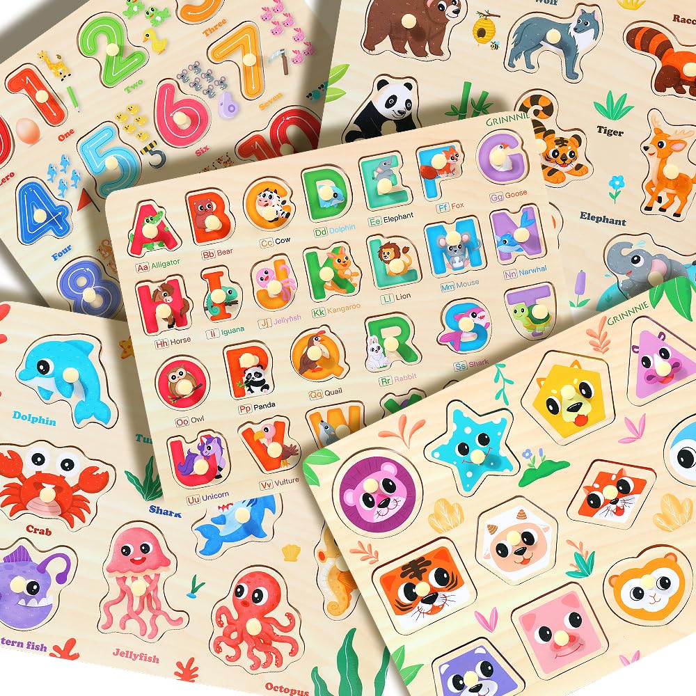 GRINNNIE Wooden Puzzles for Toddlers 3 4 5 Years Old, Montessori Toddler Toys 5PCS Peg Puzzles with