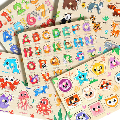 GRINNNIE Wooden Puzzles for Toddlers 3 4 5 Years Old, Montessori Toddler Toys 5PCS Peg Puzzles with
