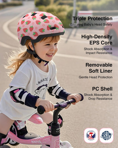 Toddler Bike Helmet Adjustable Dial Fit -12 Vent for 2-6 Year(Strawberry-S)