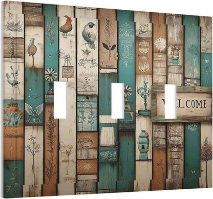 Decorative Switch Plates Vintage Wood Brown Turquoise Splicing 3 Gang Wall Plate Triple Toggle