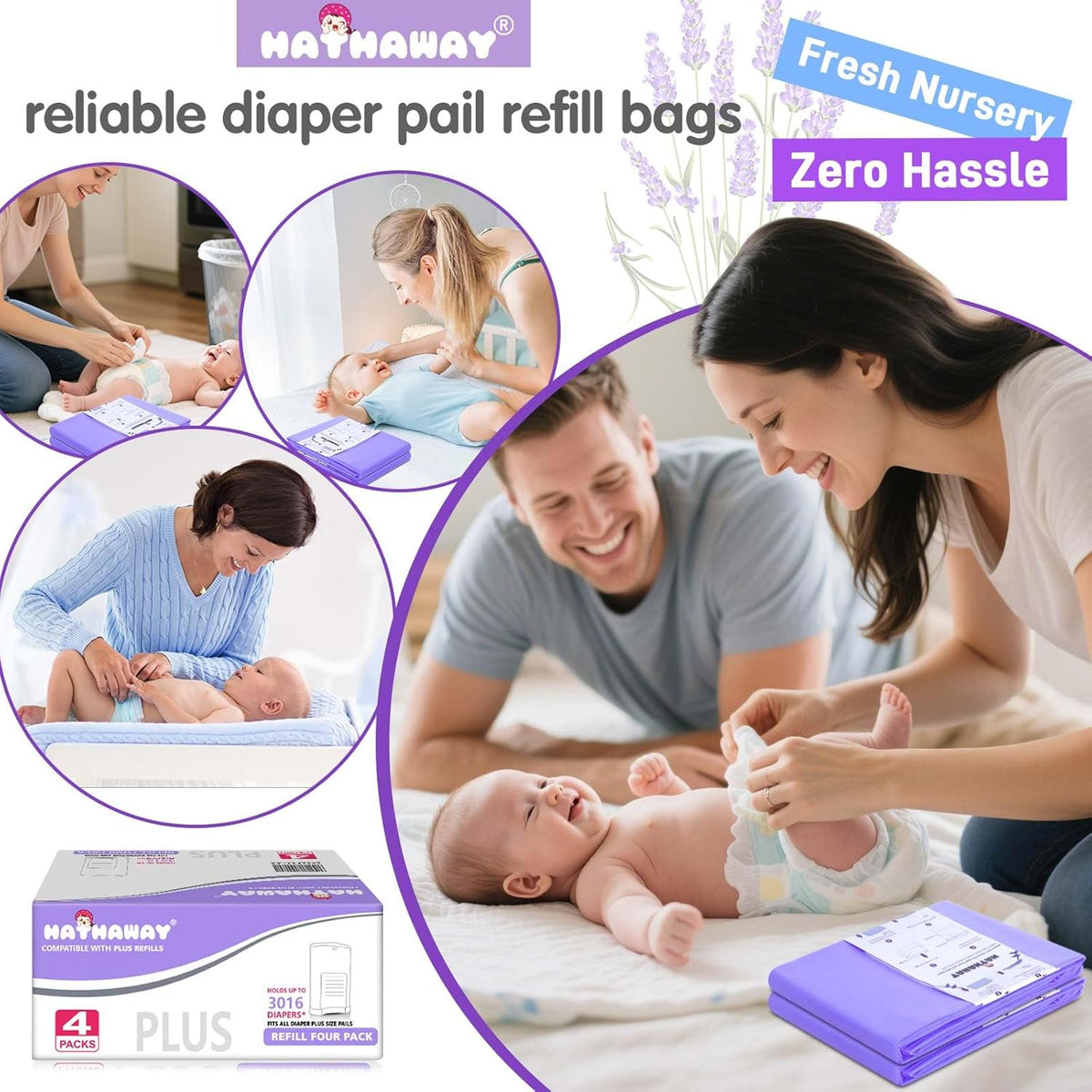 Diaper Pail Refill Bags Compatible With Dekor Plus Diaper Pail, Extra 30% Length, Lavender Scent, 4