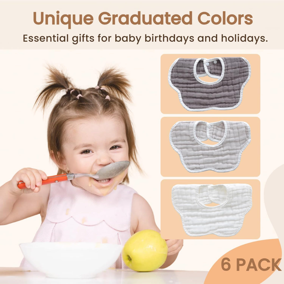 MUKIN Baby Drooling Towel, Snap Bibs, Muslin Bibs, 6 Pack, Adjustable, Soft Cotton