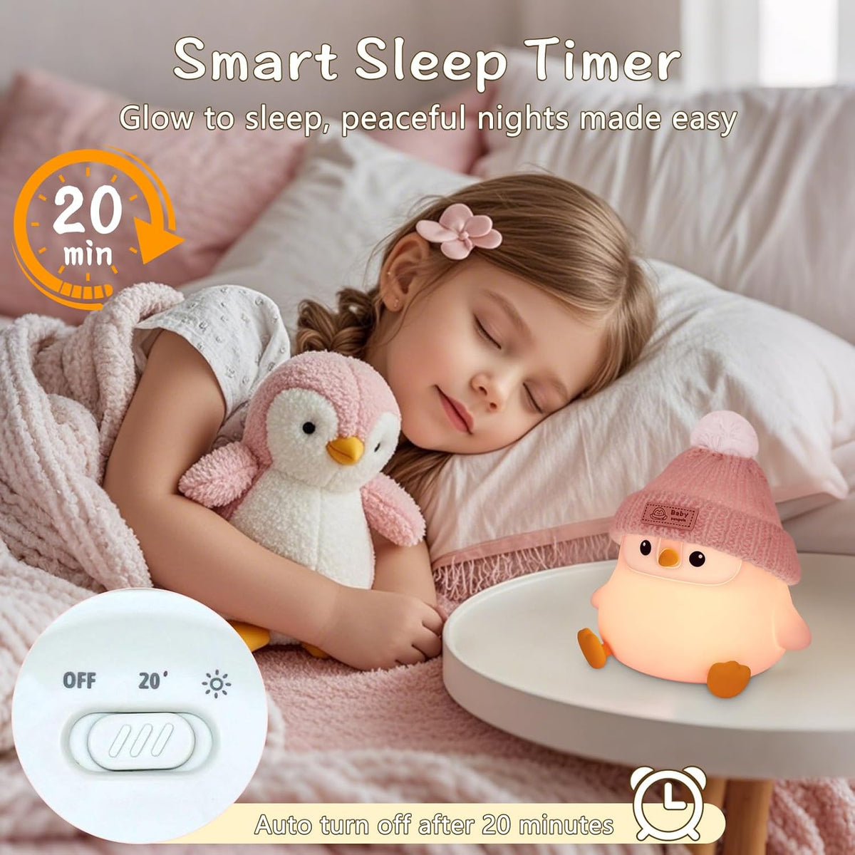 Penguin Silicone Night Light, Cute Pink Penguin Lamp with Knitted Hat, Soft Nursery Nightlight, USB