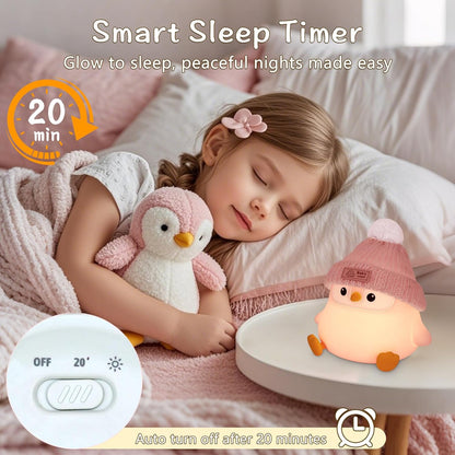 Penguin Silicone Night Light, Cute Pink Penguin Lamp with Knitted Hat, Soft Nursery Nightlight, USB
