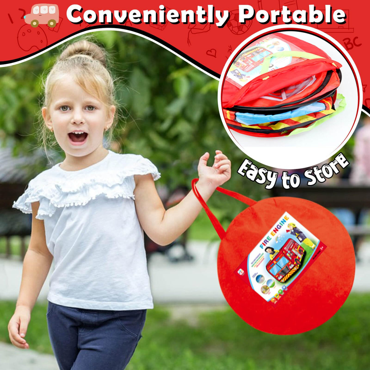 Britik Fire Truck Pop Up Tent Kids, Indoor Outdoor Playhouse Toy for 3+