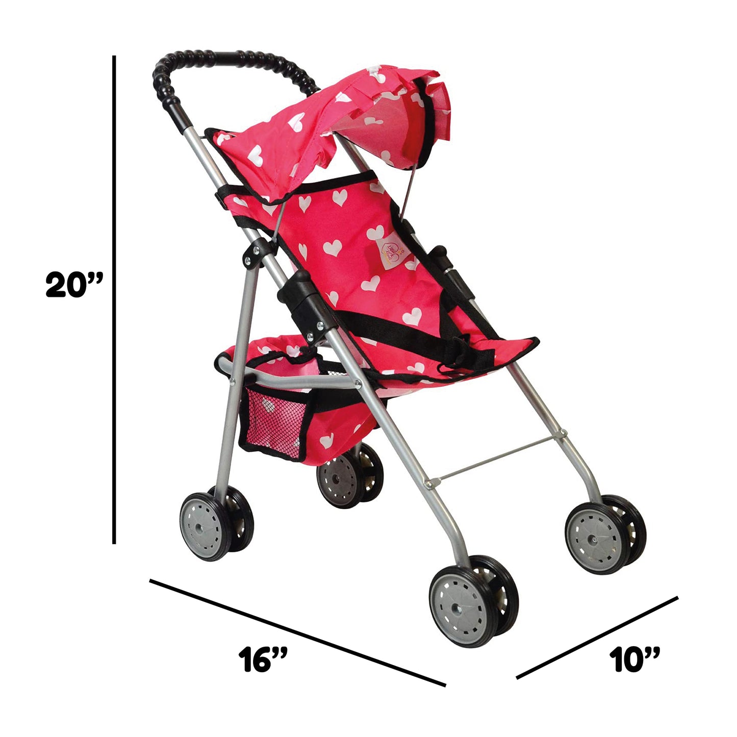 The New York Doll Collection My First Doll Stroller with Basket & Heart Design Foldable Doll