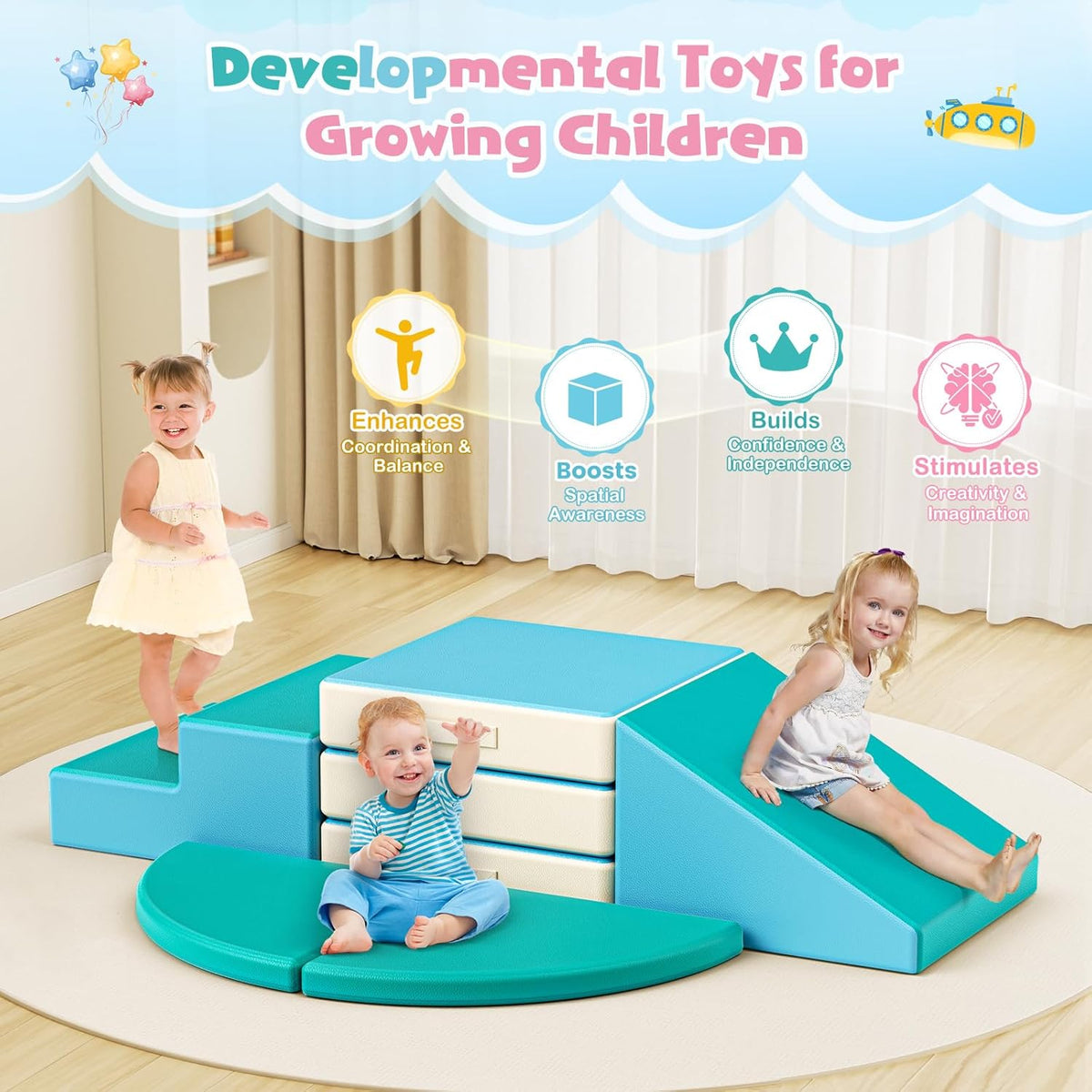 Lischwert Foam Climbing Blocks for Toddlers 1-3, 5pcs Foldable Soft Play Set with Crawling