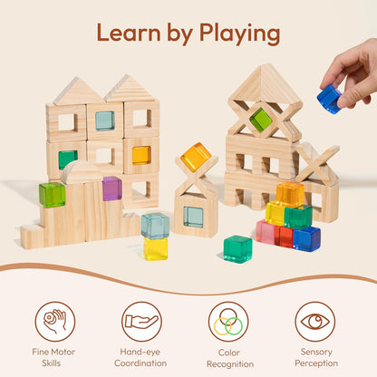 Wooden Rainbow Building Blocks Set for Kids, 22 PCS Wooden Blocks & 25 PCS Gem Cubes Stacking