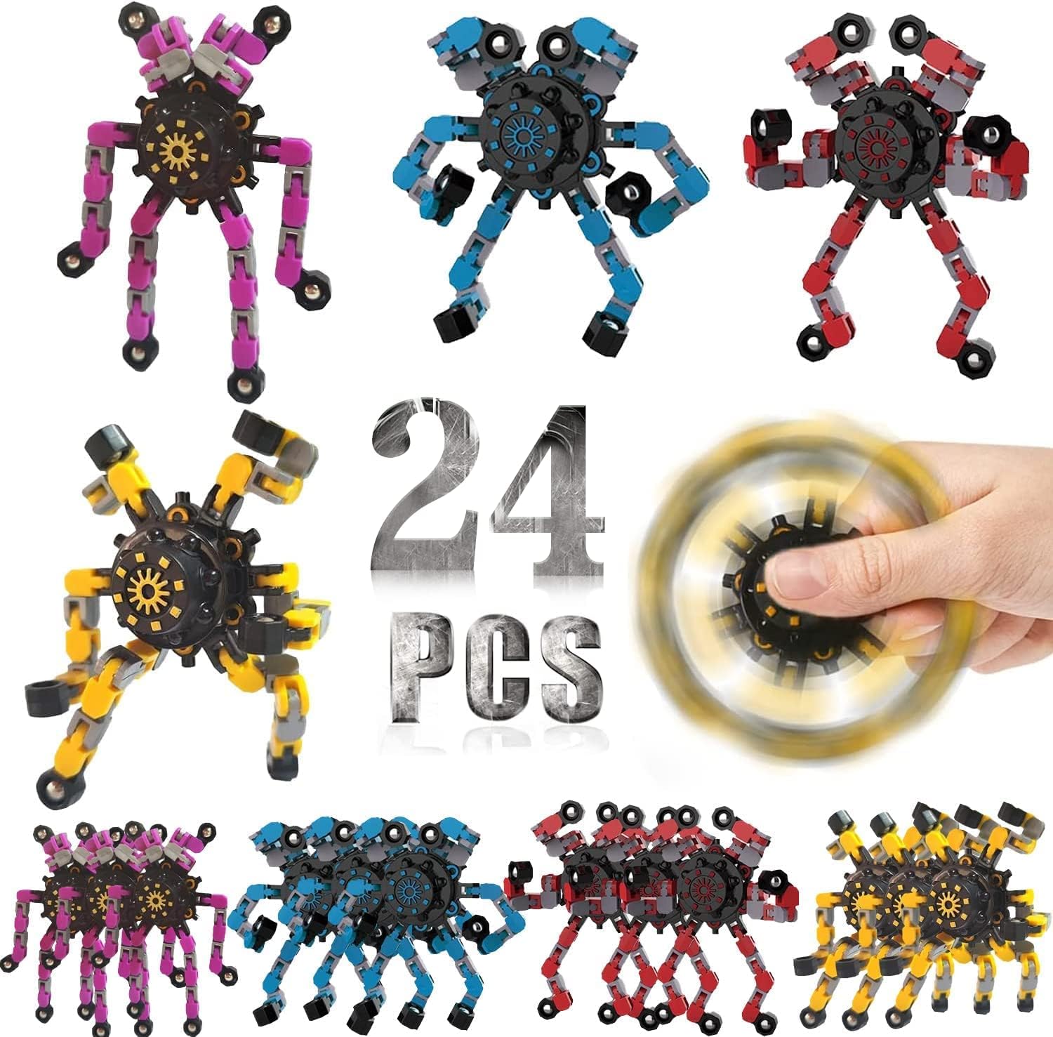 24 Pack Funny Sensory Fidget Toys,Deformable Chain DIY Robot Spinners Fingertip Stress Relief Gyro