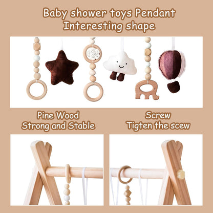 Wooden Baby Play Gym with Mat, Foldable Baby Play Gym Frame Activity Gym Hanging Bar with 6 Gym