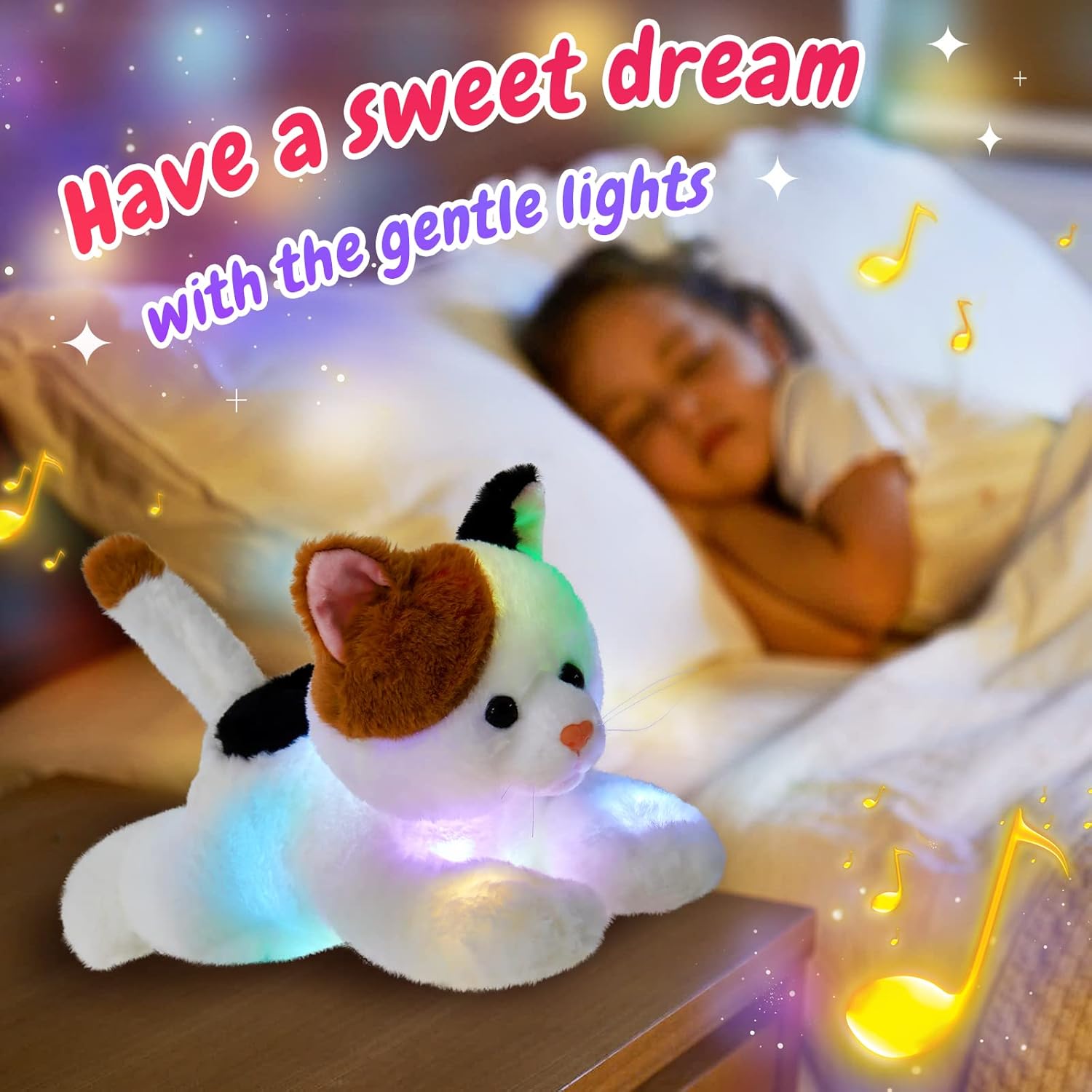 Glow Guards Light up Music Calico Cat Stuffed Animal LED Singing Kitty Soft Plush Toy Pillow with