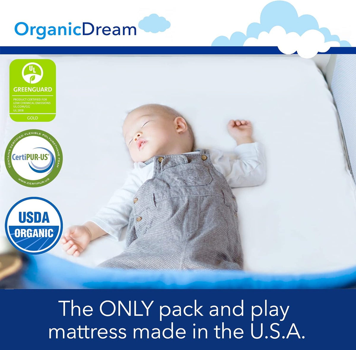 Organic Dream Pack and Play Mattress I [Dual-Sided] I Firm Infant Side + Memory Foam Toddler Side I