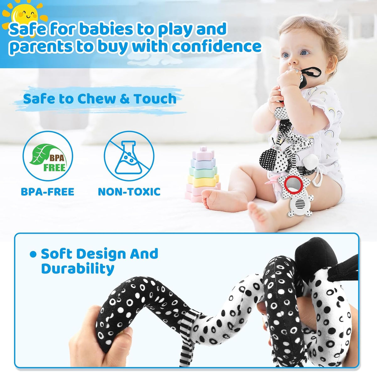 High Contrast Baby Toys - Black & White Hanging Toys for Car Seat, Stroller & Crib | Newborn