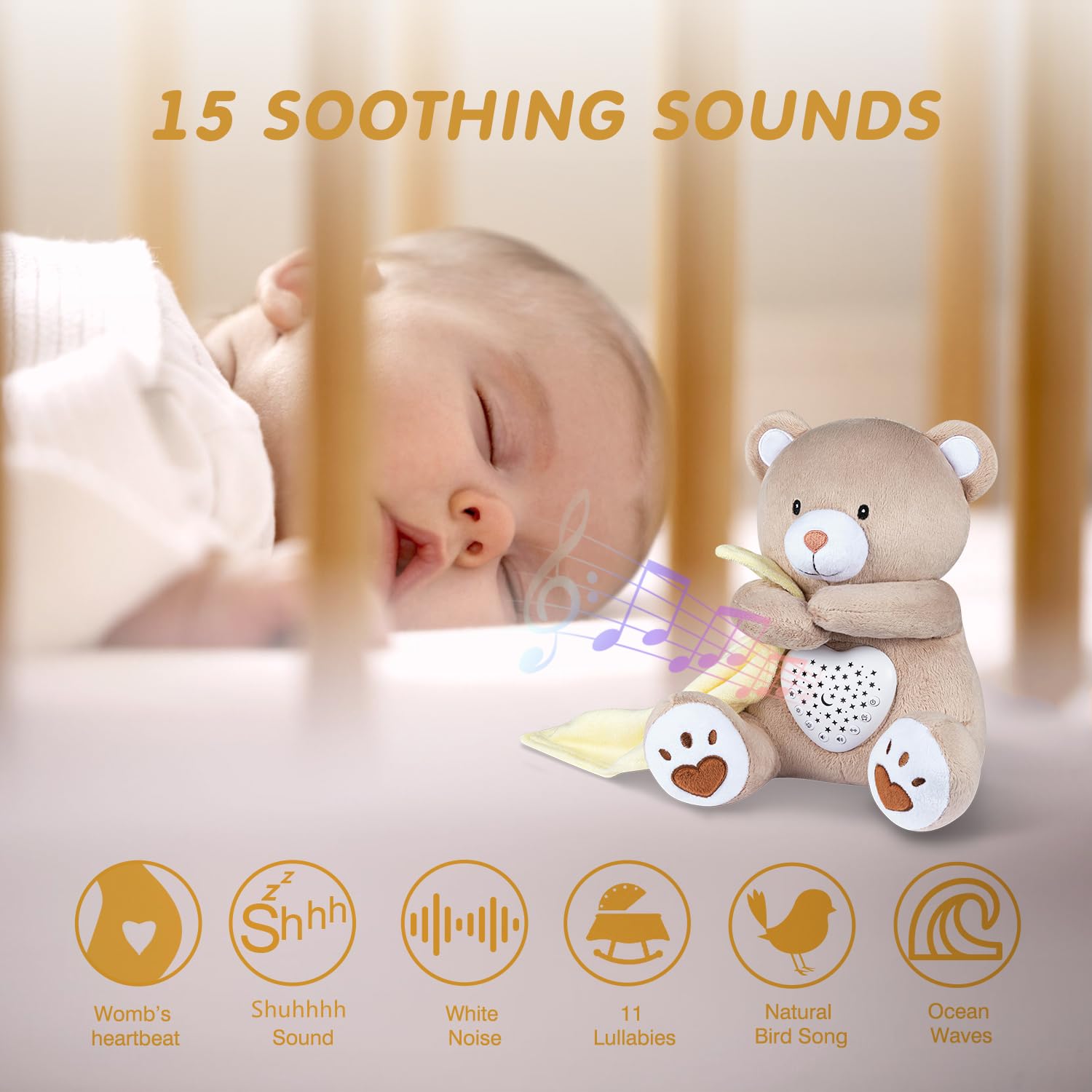 BEREST Rechargeable Baby Sleep Soother Bear, Mom's Heartbeat & Lullabies, White Noise Sound