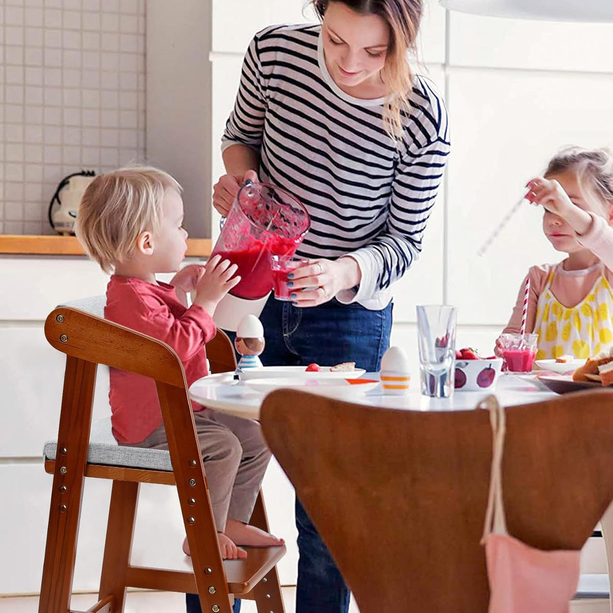 Wooden High Chair for Toddlers, Adjustable Dining Feeding Chair with Removable Cushion for Child
