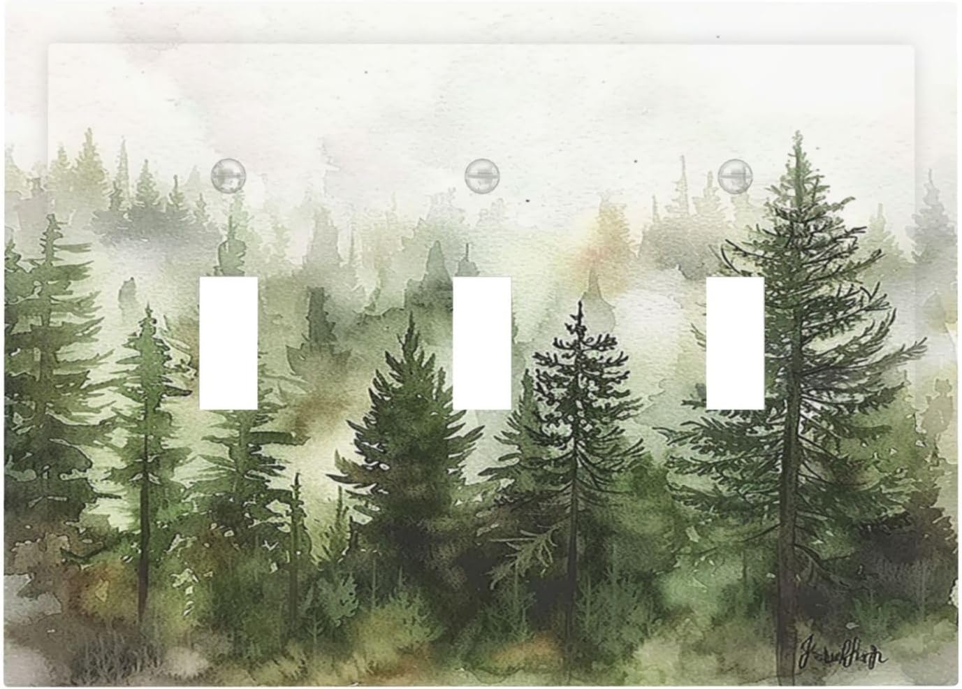 Decorative Switch Plates Green Forest Watercolor Painting Foggy Pine 3 Gang Wall Plate Triple