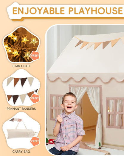 Large Kids Tent Playhouse Base Fabric with Star Lights, Flags and Tote Bags, Kids Play Tent Indoor