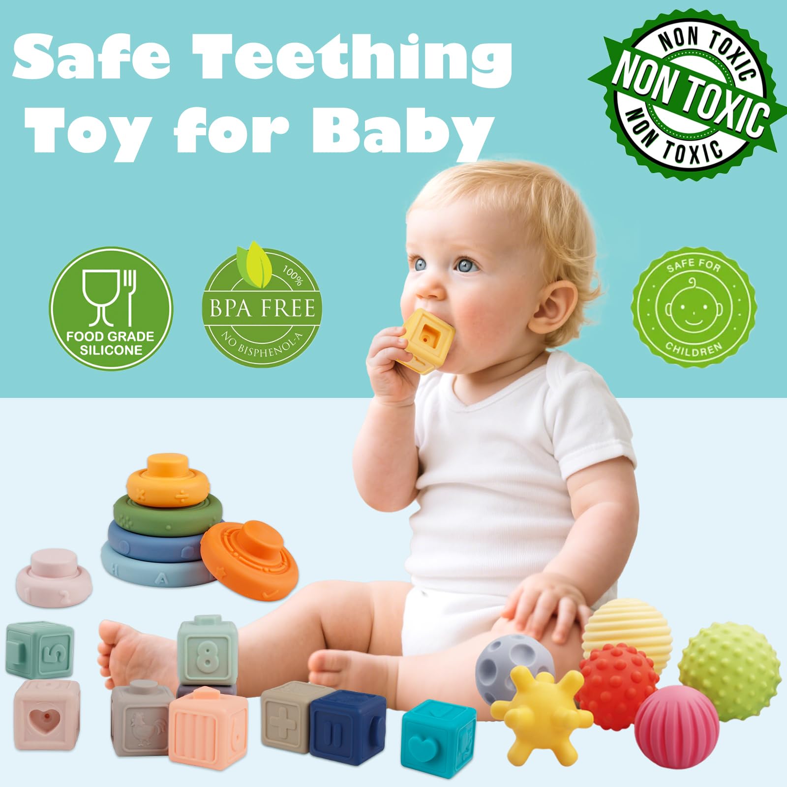 Weilim Montessori Baby Toys 18 Months+, 3-in-1 Stacking Blocks Rings Balls