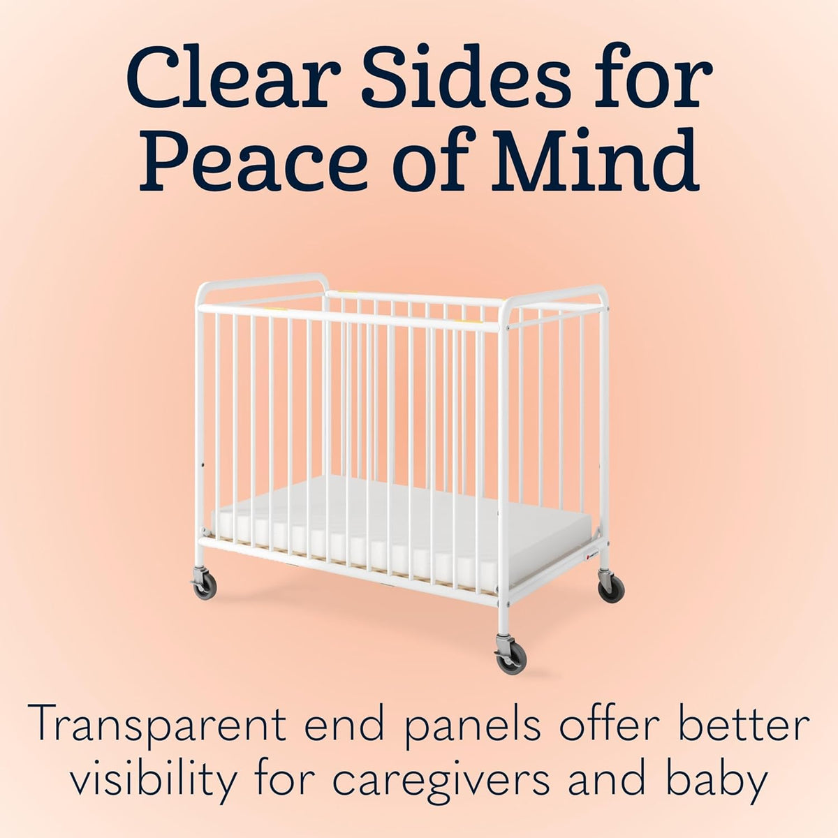 Foundations Chelsea Slatted Metal Compact Daycare Crib, 3" Casters, Compact Mini Size, Easy to