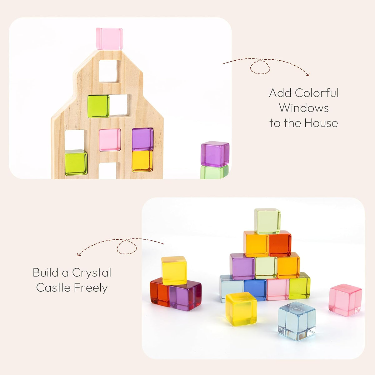 Wooden Building Blocks Set for Kids, 36 PCS Rainbow Acrylic Gem Cubes Blocks - 3 Wood House