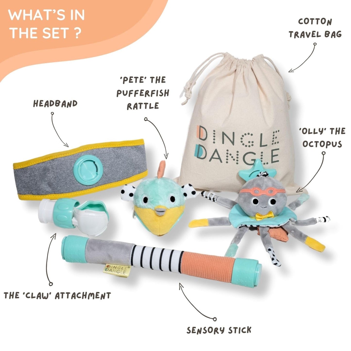DINGLE DANGLE - Baby Gift Set - 3 in 1 Diaper Changing Helper Headband, Baby Mobile, & Sensory