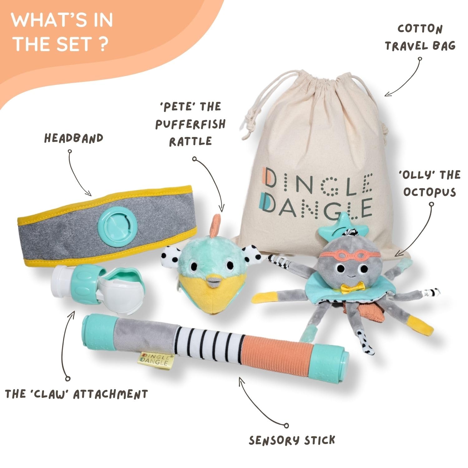DINGLE DANGLE - Baby Gift Set - 3 in 1 Diaper Changing Helper Headband, Baby Mobile, & Sensory