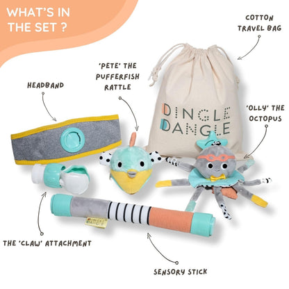 DINGLE DANGLE - Baby Gift Set - 3 in 1 Diaper Changing Helper Headband, Baby Mobile, & Sensory