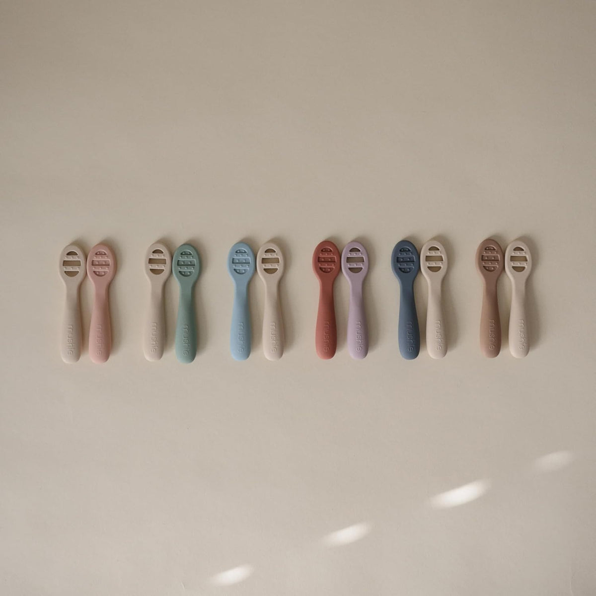 mushie Silicone First Feeding Baby Spoons | 2 Pack (Powder Blue/Shifting Sand)