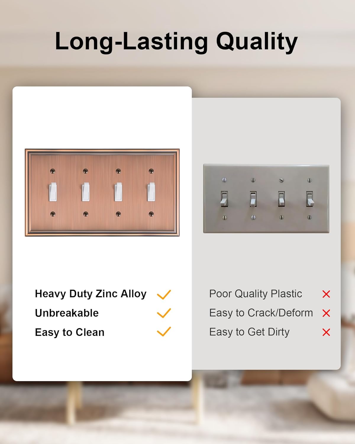 2-Pack Quad Toggle Light Switch Cover Plate, Durable Zinc Alloy Decorative Switch Plate Covers