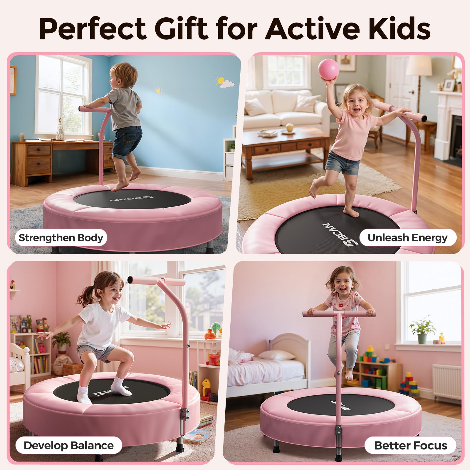 BCAN SP1 36'' Kids Toddler Trampoline Indoor, Foam Handle | FED Fitness