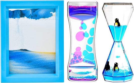 Liquid Motion Bubbler & Diamond Shaped Penguin Liquid Timer and Moving Sand Art Picture Pack of 3