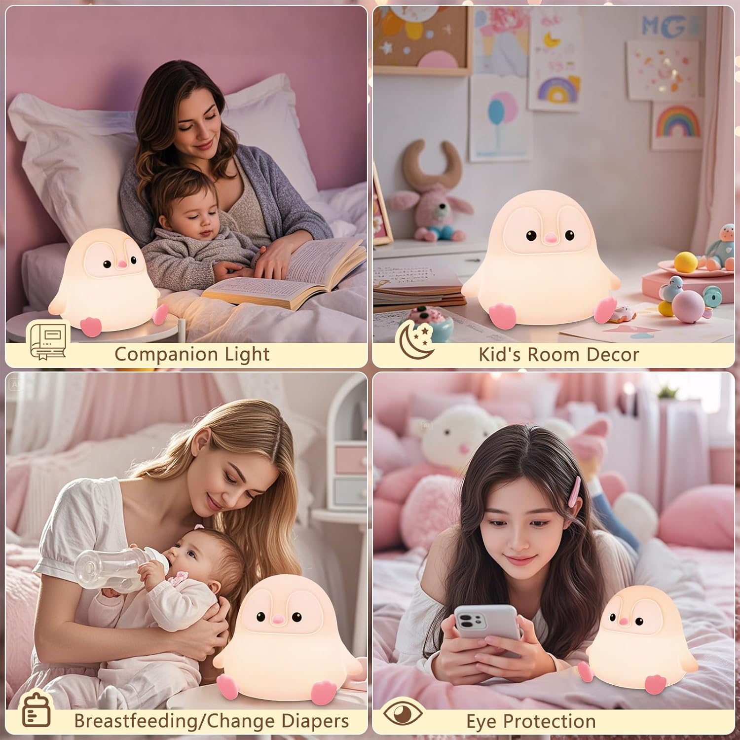 Penguin Night Light for Kids,Cute Pink Penguin Touch Lamp,Soft Silicone Nursery Nightlight,LED