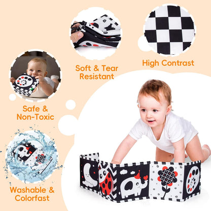 Cawgug Black and White High Contrast Baby Toys for Newborn Brain Development Tummy Time Soft Book
