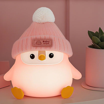 Penguin Silicone Night Light, Cute Pink Penguin Lamp with Knitted Hat, Soft Nursery Nightlight, USB
