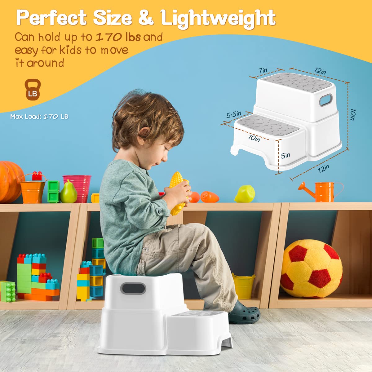 Toddler Step Stool,2 Step Stools for Kids with Anti-Slip Surface and Rubber Bottom, Kids Step Stool