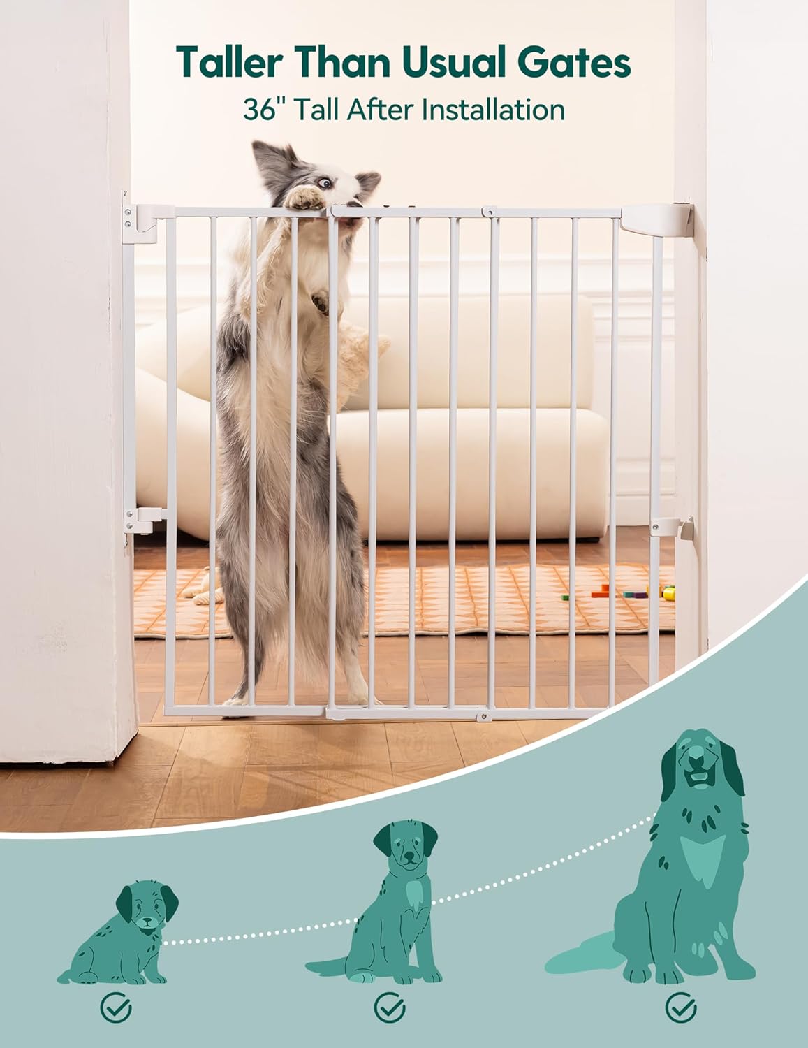Babelio 34" Tall No Bottom Bar Baby/Dog Gate for Stairs, House and Doorways, 29.7-46.5" Auto Close