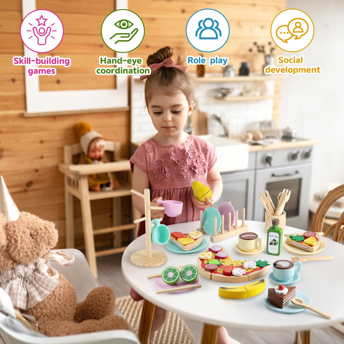 GAGAKU Kids Wooden Play Dishes Set -27Pcs Montessori Play Kitchen Accessories Plates and Bowls Set