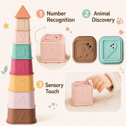 YIVEKO Baby Stacking Cups Toy, Silicone Stacking Tower Educational Baby Toys 6M+, Soft Teething