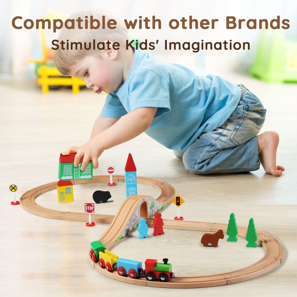 SainSmart Jr. Wooden Train Set for Toddler with Double-Side Train Tracks Fits Brio, Thomas, Melissa