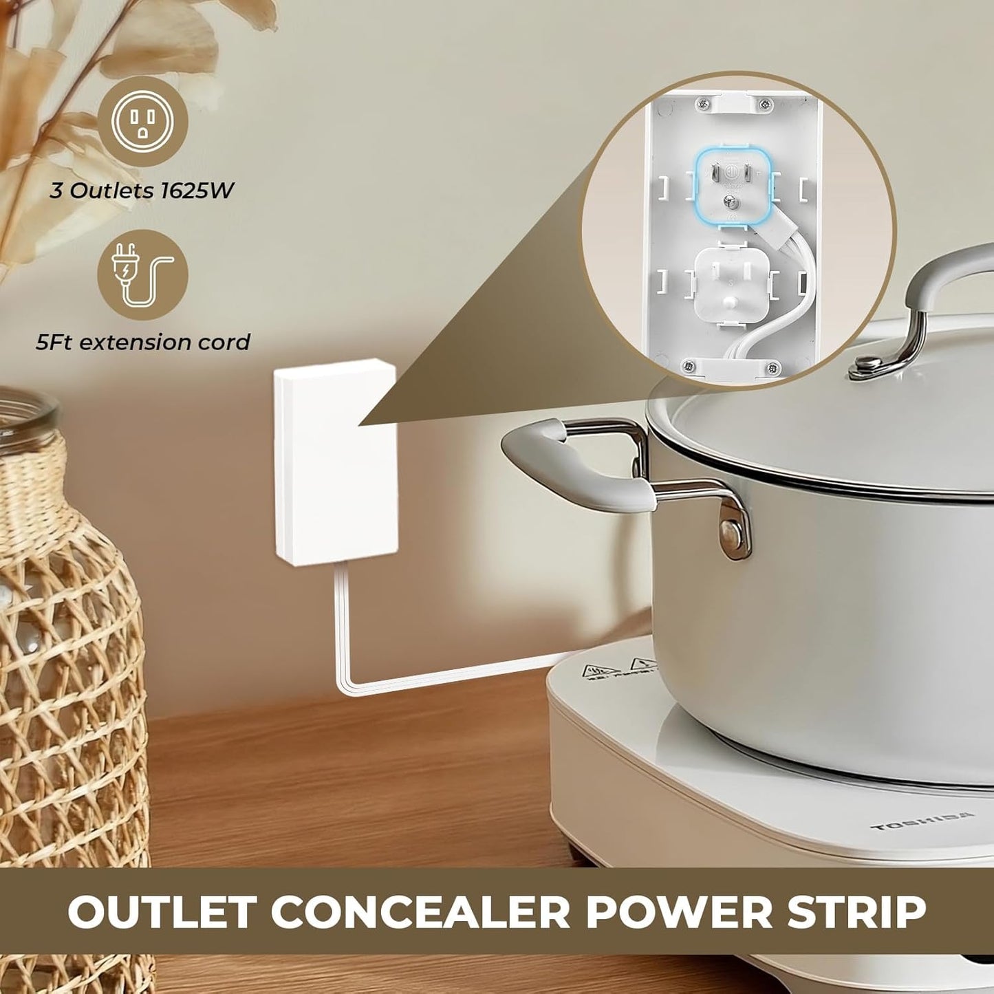Outlet Concealer Power Strip | 5ft Flat Extension Cord | Ultra-Thin Outlet Cover Extension Cord
