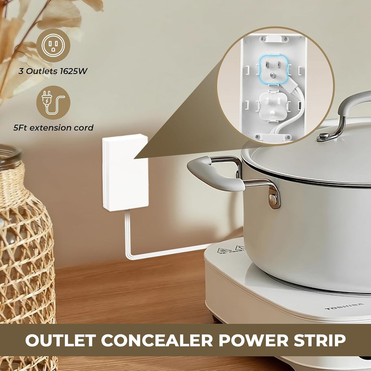Outlet Concealer Power Strip | 5ft Flat Extension Cord | Ultra-Thin Outlet Cover Extension Cord