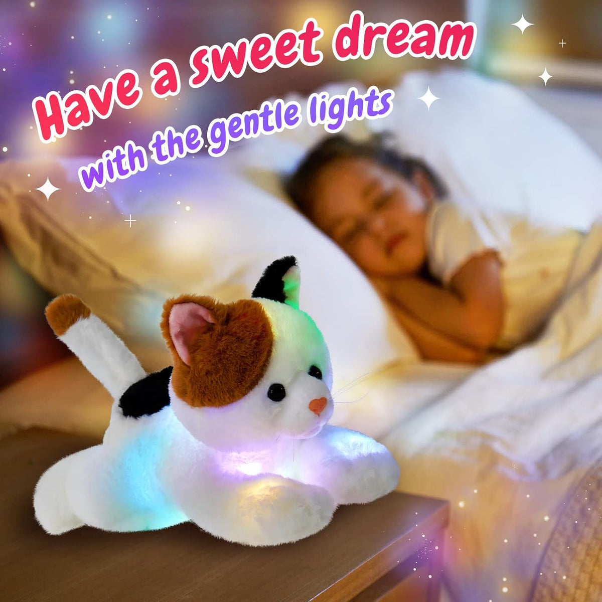 Glow Guards Light up Calico Cat Stuffed Animal LED Soft Kitty Plush Toy Pillow with Night Lights